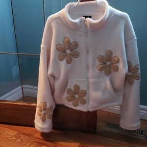 Love Tree Cream Bomber Jacket with Gold Floral Design